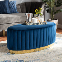 Baxton Studio WS-20352-Navy Blue Velvet/Gold-Otto Kirana Glam and Luxe Navy Blue Velvet Fabric Upholstered and Gold PU Leather Ottoman